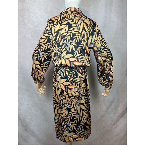 Vintage 70s 80s Botanical Print Dress XL Gold and Black Print - Picture 2 of 9